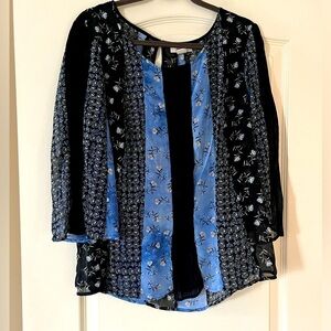Style & Co. Floral Blue and Black Women's Blouse Wide Sleeve Size Medium